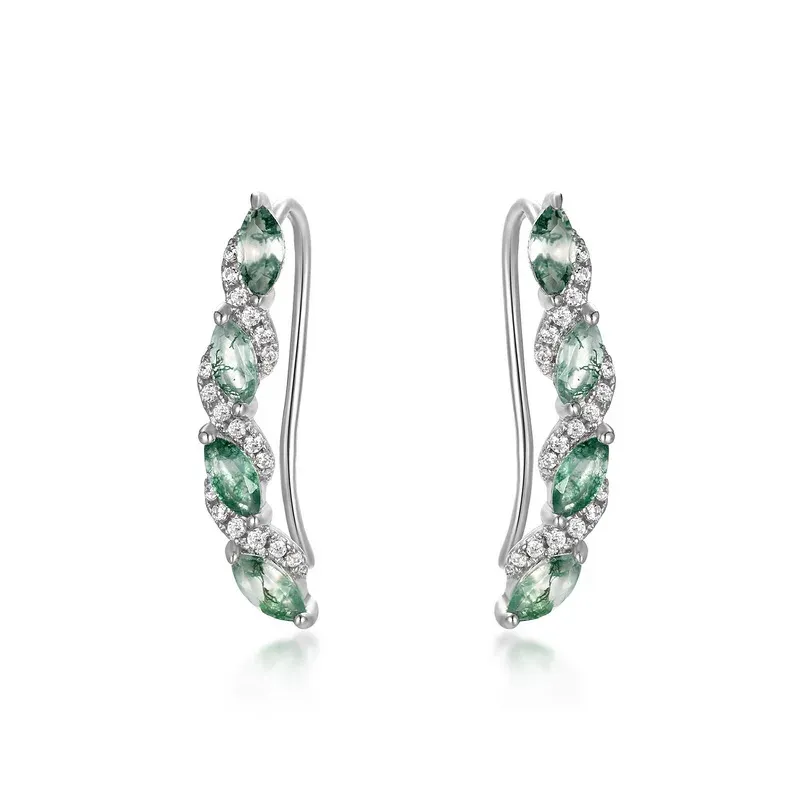 Jewelyking S925 Sterling Silver Zircon Classic Natural Green Agate Moss Earrings JKES0090