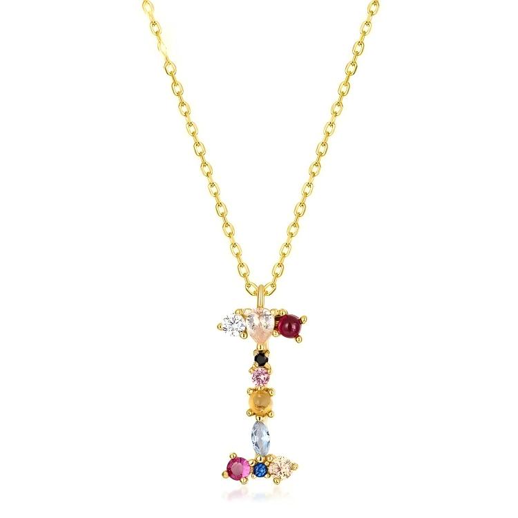 JewelyKing S925 Silver Gold Plated Rainbow Initial Letter Zircon Pendant Chain Necklace