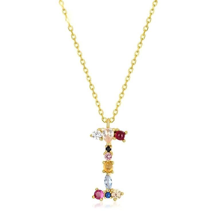 JewelyKing S925 Silver Gold Plated Rainbow Initial Letter Zircon Pendant Chain Necklace