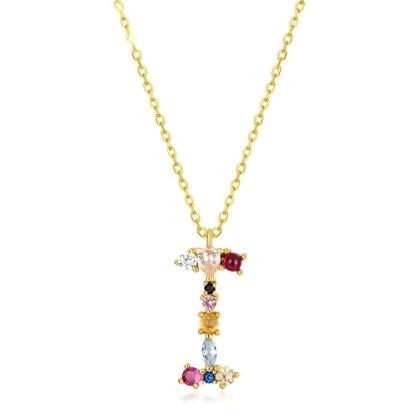 JewelyKing S925 Silver Gold Plated Rainbow Initial Letter Zircon Pendant Chain Necklace