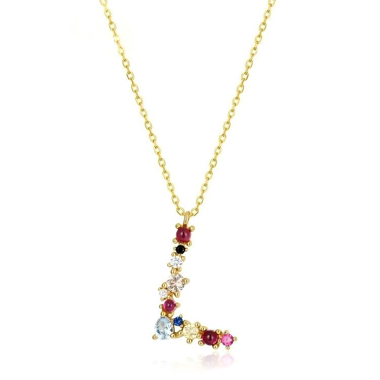 JewelyKing S925 Silver Gold Plated Rainbow Initial Letter Zircon Pendant Chain Necklace
