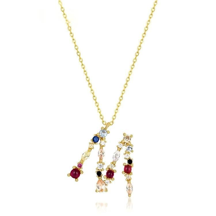 JewelyKing S925 Silver Gold Plated Rainbow Initial Letter Zircon Pendant Chain Necklace