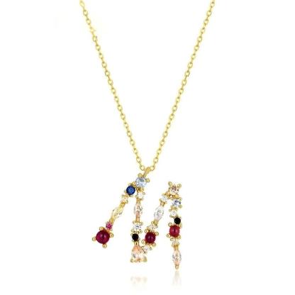 JewelyKing S925 Silver Gold Plated Rainbow Initial Letter Zircon Pendant Chain Necklace