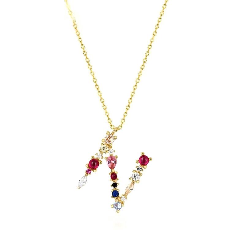 JewelyKing S925 Silver Gold Plated Rainbow Initial Letter Zircon Pendant Chain Necklace