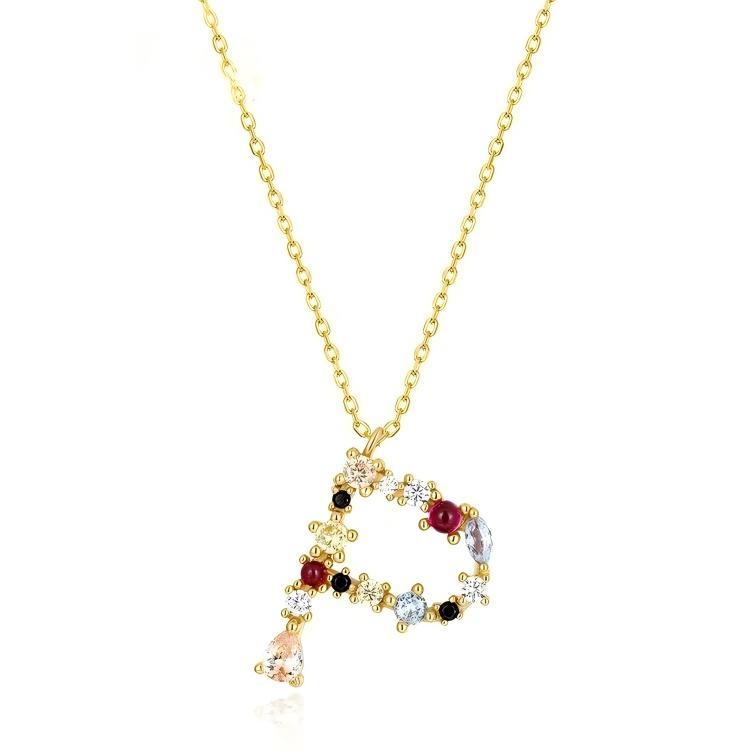 JewelyKing S925 Silver Gold Plated Rainbow Initial Letter Zircon Pendant Chain Necklace