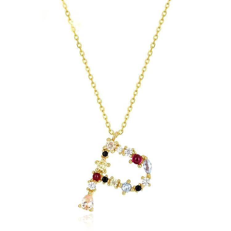 JewelyKing S925 Silver Gold Plated Rainbow Initial Letter Zircon Pendant Chain Necklace