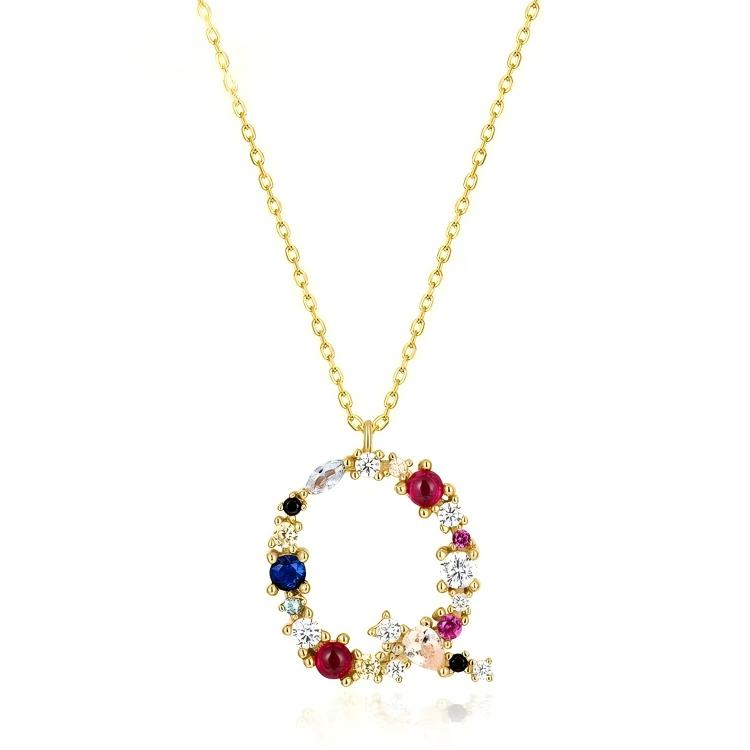 JewelyKing S925 Silver Gold Plated Rainbow Initial Letter Zircon Pendant Chain Necklace