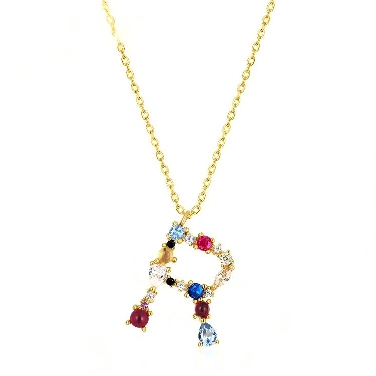 JewelyKing S925 Silver Gold Plated Rainbow Initial Letter Zircon Pendant Chain Necklace