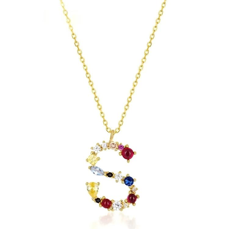 JewelyKing S925 Silver Gold Plated Rainbow Initial Letter Zircon Pendant Chain Necklace