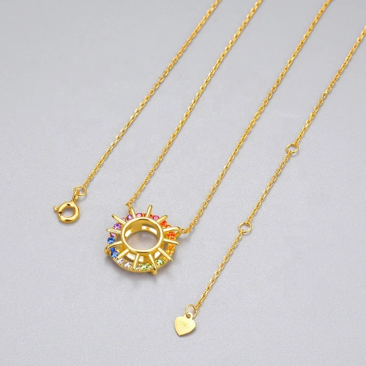 14K Gold Plated Paved Colorful Rainbow CZ Stone Circle Pendant Necklace Sterling Silver Women Dainty Choker Necklace