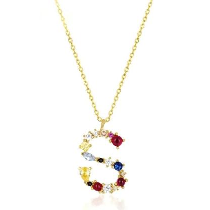 JewelyKing S925 Silver Gold Plated Rainbow Initial Letter Zircon Pendant Chain Necklace