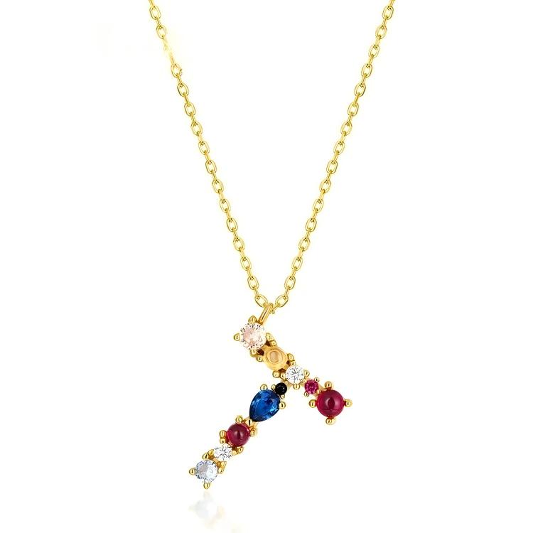 JewelyKing S925 Silver Gold Plated Rainbow Initial Letter Zircon Pendant Chain Necklace
