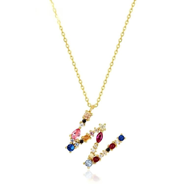 JewelyKing S925 Silver Gold Plated Rainbow Initial Letter Zircon Pendant Chain Necklace