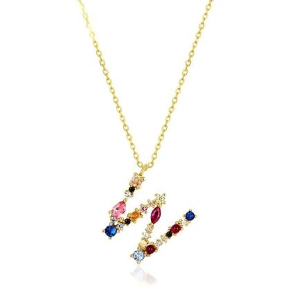 JewelyKing S925 Silver Gold Plated Rainbow Initial Letter Zircon Pendant Chain Necklace