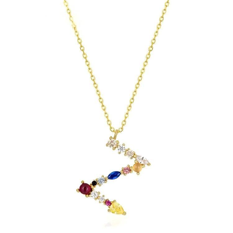 JewelyKing S925 Silver Gold Plated Rainbow Initial Letter Zircon Pendant Chain Necklace