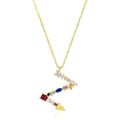 JewelyKing S925 Silver Gold Plated Rainbow Initial Letter Zircon Pendant Chain Necklace
