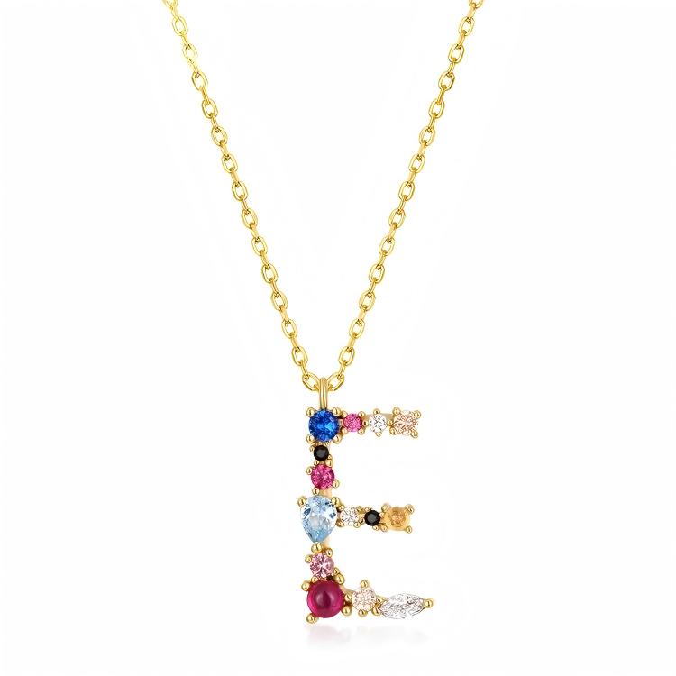 JewelyKing S925 Silver Gold Plated Rainbow Initial Letter Zircon Pendant Chain Necklace
