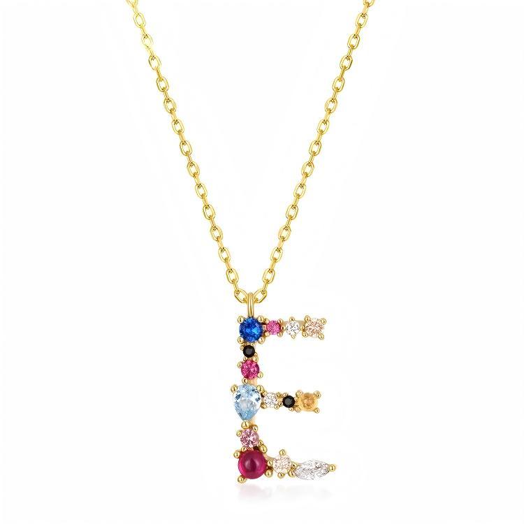 JewelyKing S925 Silver Gold Plated Rainbow Initial Letter Zircon Pendant Chain Necklace