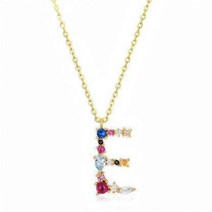 JewelyKing S925 Silver Gold Plated Rainbow Initial Letter Zircon Pendant Chain Necklace