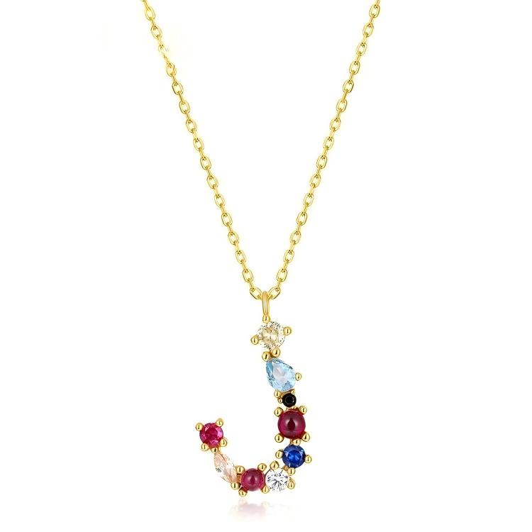 JewelyKing S925 Silver Gold Plated Rainbow Initial Letter Zircon Pendant Chain Necklace