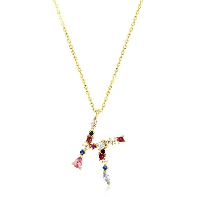 JewelyKing S925 Silver Gold Plated Rainbow Initial Letter Zircon Pendant Chain Necklace