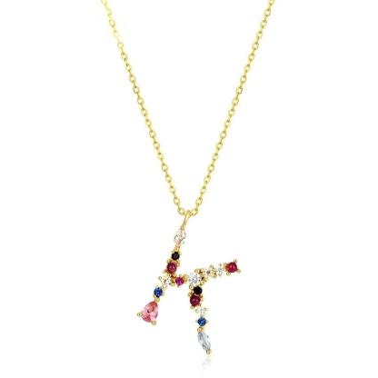 JewelyKing S925 Silver Gold Plated Rainbow Initial Letter Zircon Pendant Chain Necklace