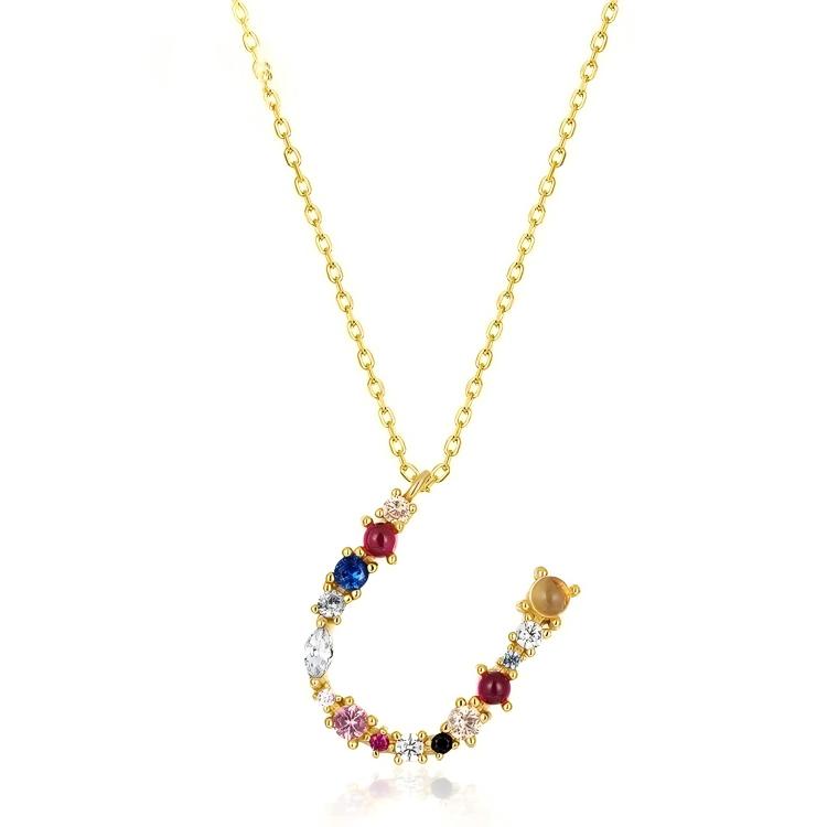 JewelyKing S925 Silver Gold Plated Rainbow Initial Letter Zircon Pendant Chain Necklace