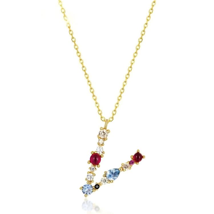 JewelyKing S925 Silver Gold Plated Rainbow Initial Letter Zircon Pendant Chain Necklace