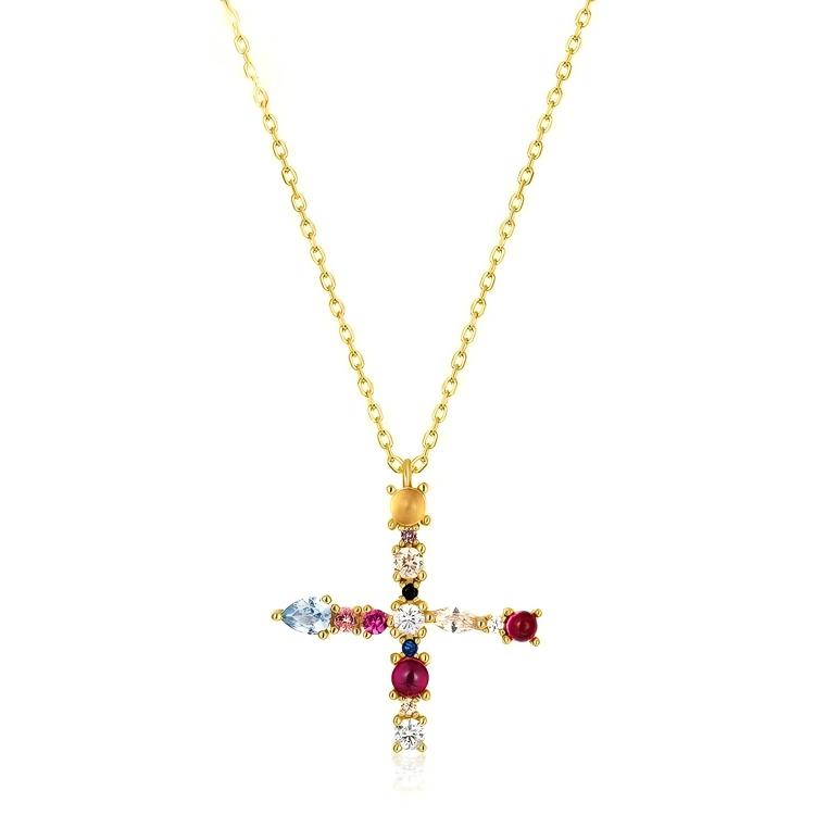 JewelyKing S925 Silver Gold Plated Rainbow Initial Letter Zircon Pendant Chain Necklace