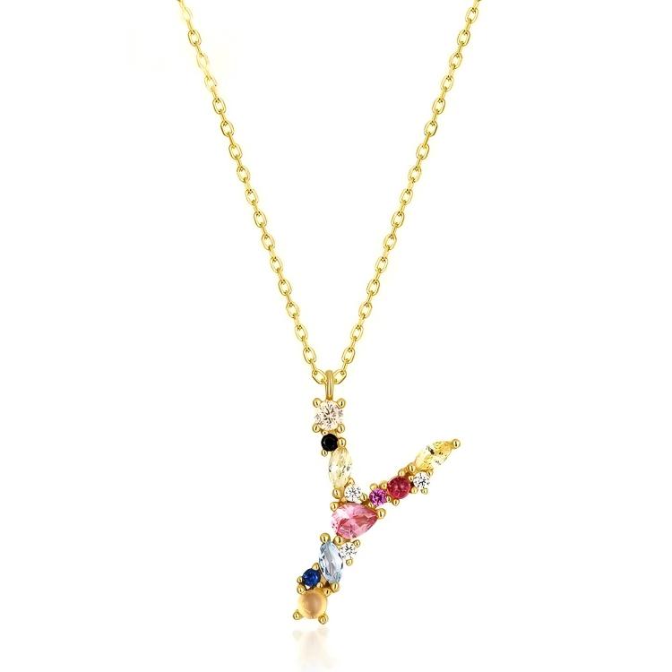 JewelyKing S925 Silver Gold Plated Rainbow Initial Letter Zircon Pendant Chain Necklace