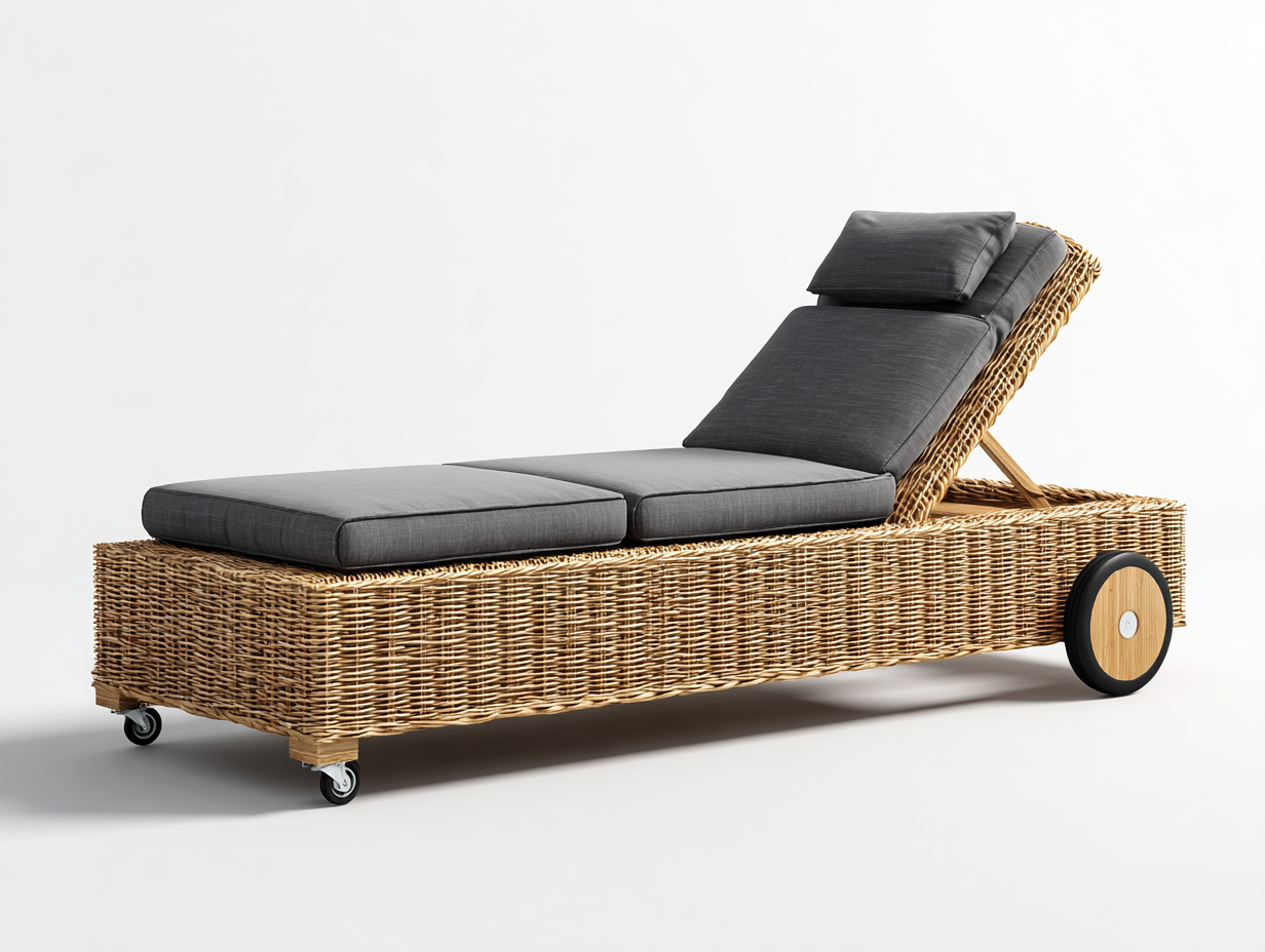 Tumbona de exterior ratán sintetico 198x70x34 cm - gris-marron natural - respaldo reclinable con ruedas estilo moderno-Craftgoly