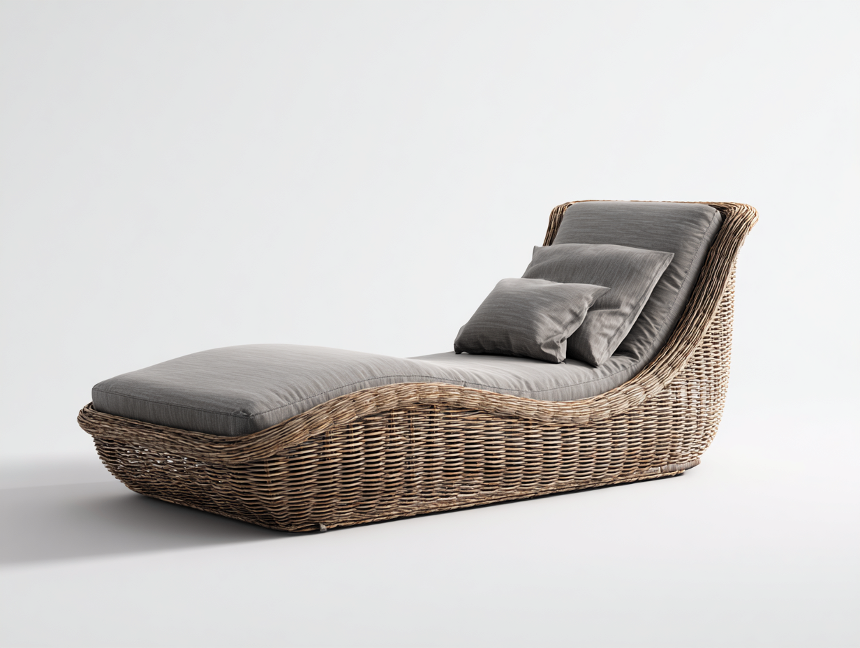 Tumbona de exterior 195x70x85 cm - ratán trenzado y cojín gris - diseño ergonómico para jardín y terraza - estilo natural moderno-Craftgoly