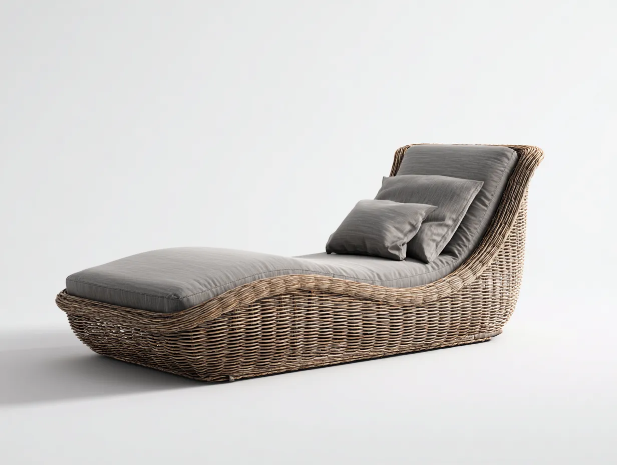 Tumbona de exterior 195x70x85 cm - ratán trenzado y cojín gris - diseño ergonómico para jardín y terraza - estilo natural moderno-Craftgoly