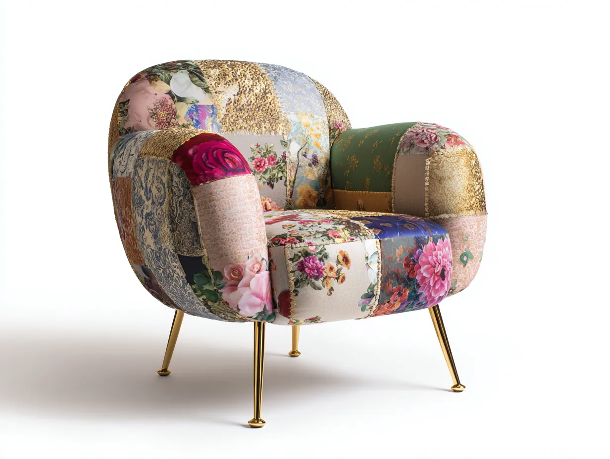 Sillon tapizado tela patchwork 85x80x78 cm - multicolor-dorado - asiento acolchado estilo moderno-Craftgoly