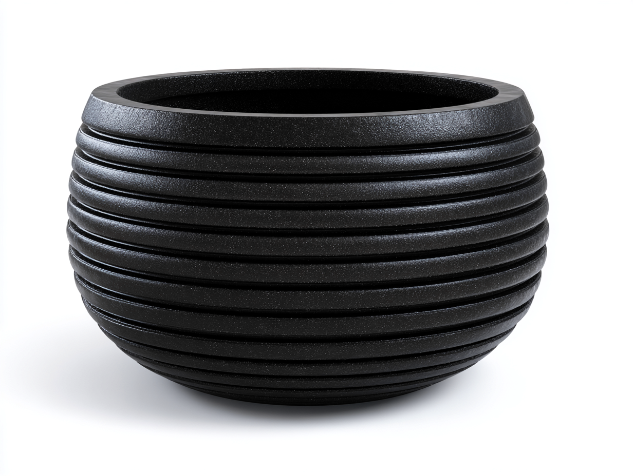 Vaso da esterno rotondo in plastica 50x50x42 cm - nero - per giardino e terrazza - design moderno a scanalature orizzontali