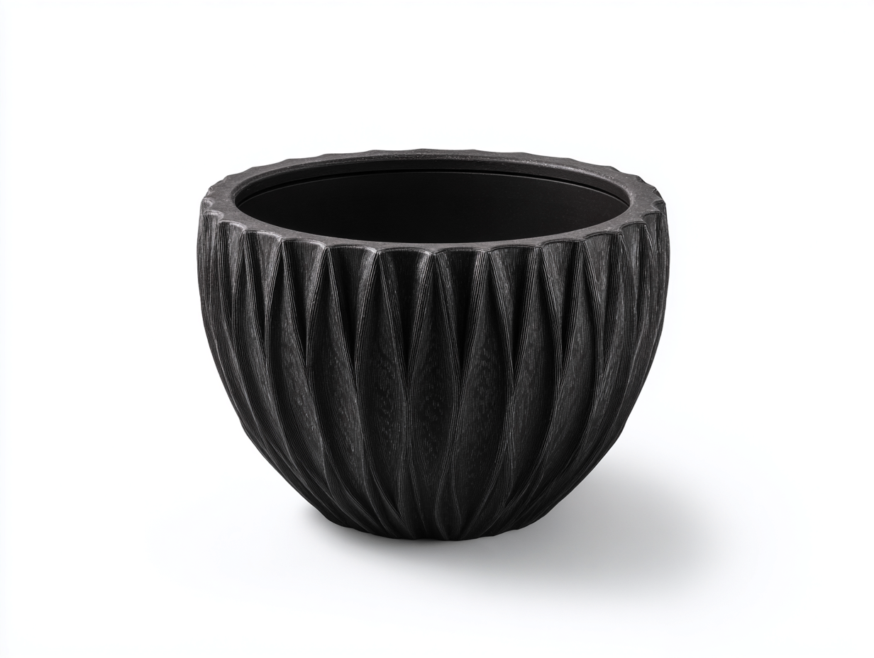 Vaso da esterno rotondo in plastica 45x45x40 cm - nero - per giardino e terrazza - design moderno scanalato