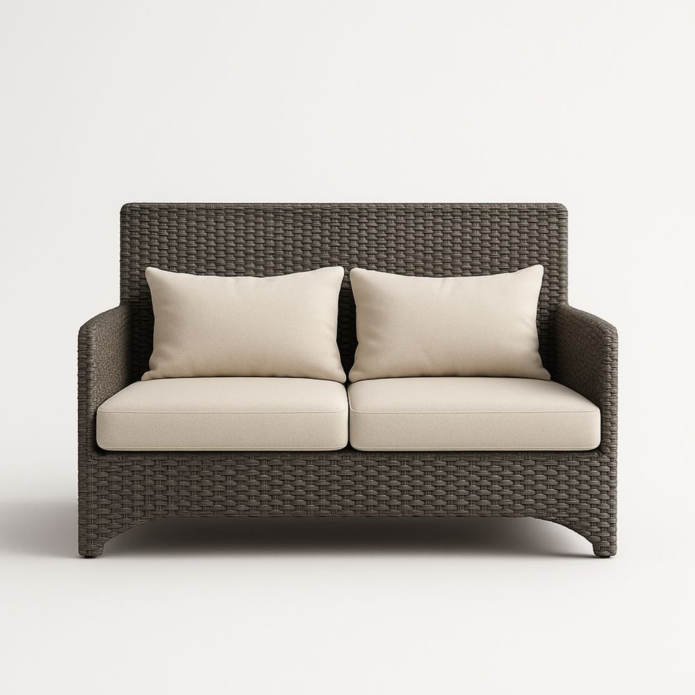 Canapé Deux Places Résine Tressée Gris avec Coussins Crème