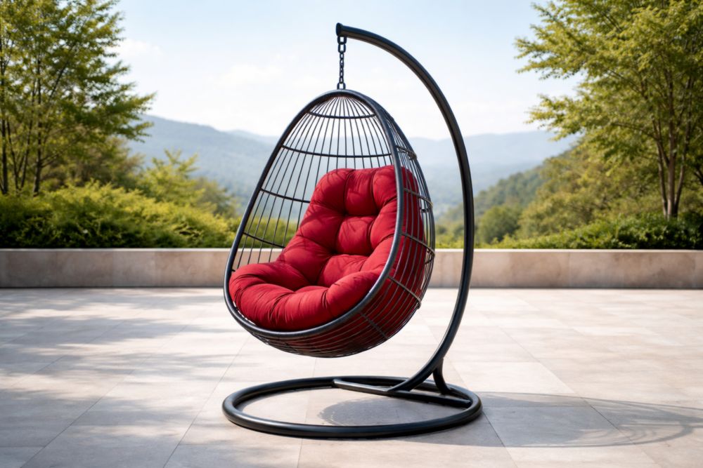 Chaise suspendue avec cadre en acier et coussin rouge