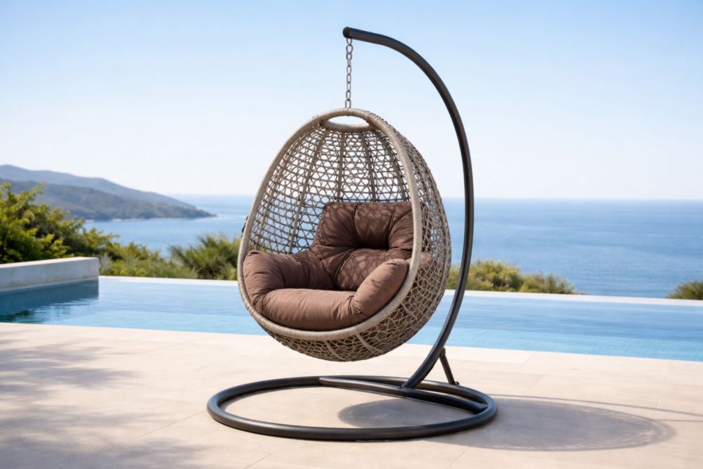 Chaise suspendue en résine tressée brun avec support métal