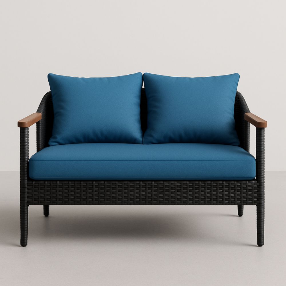 Canapé extérieur 2 places en résine tressée noire avec coussins bleus