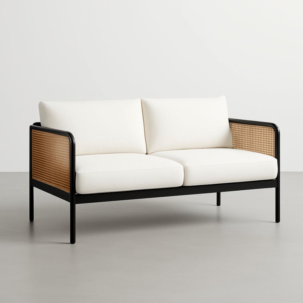 Canapé 2 places acier noir avec tissu beige et rotin