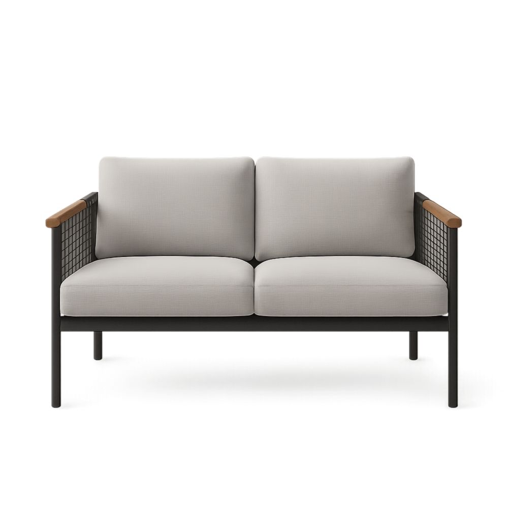 Canapé 2 places en tissu gris avec structure en métal et accoudoirs en bois