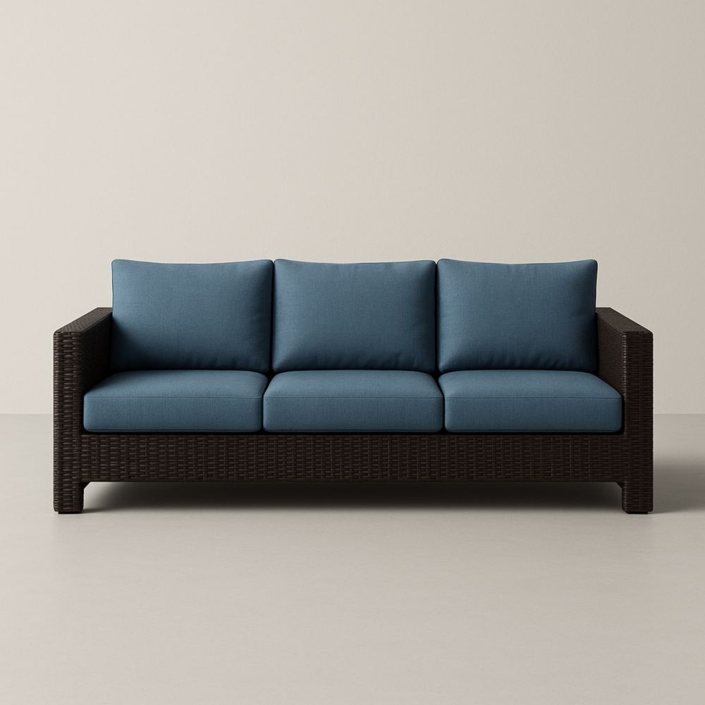 Canapé extérieur 3 places en rotin et coussins en polyester bleu