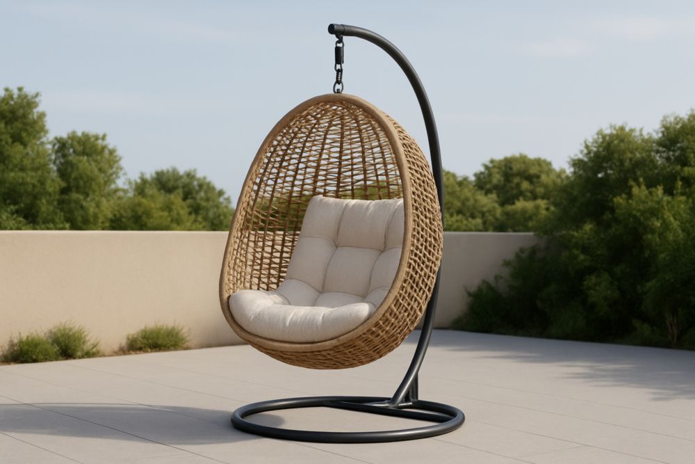 Fauteuil suspendu en résine tressée avec coussins crème et cadre en acier