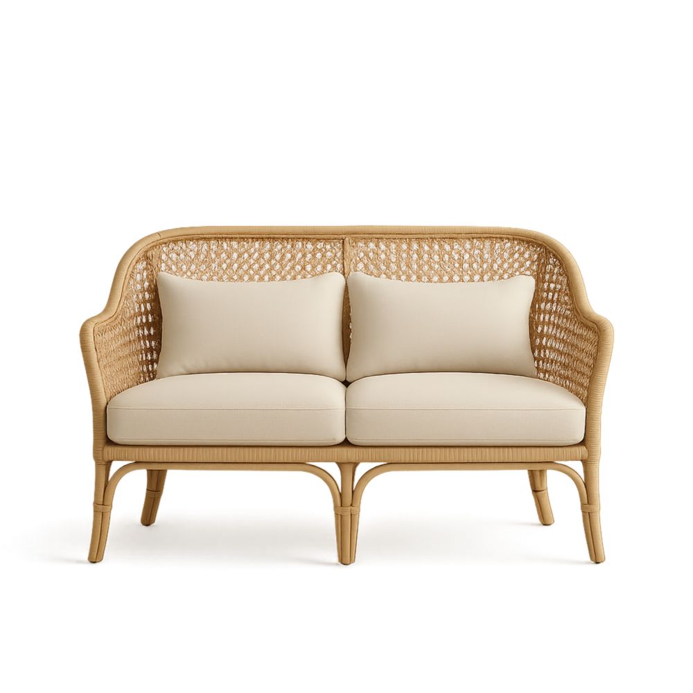 Canapé en rotin 2 places avec coussins beiges