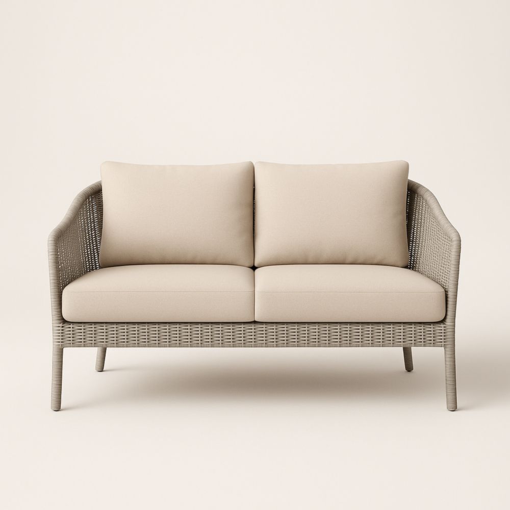 Canapé 2 Places Résine Tressée Coussins Polyester Beige Structure Acier