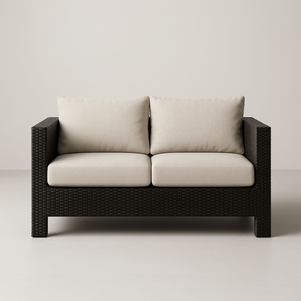 Canapé d'extérieur 2 places résine tressée noir et coussins beige