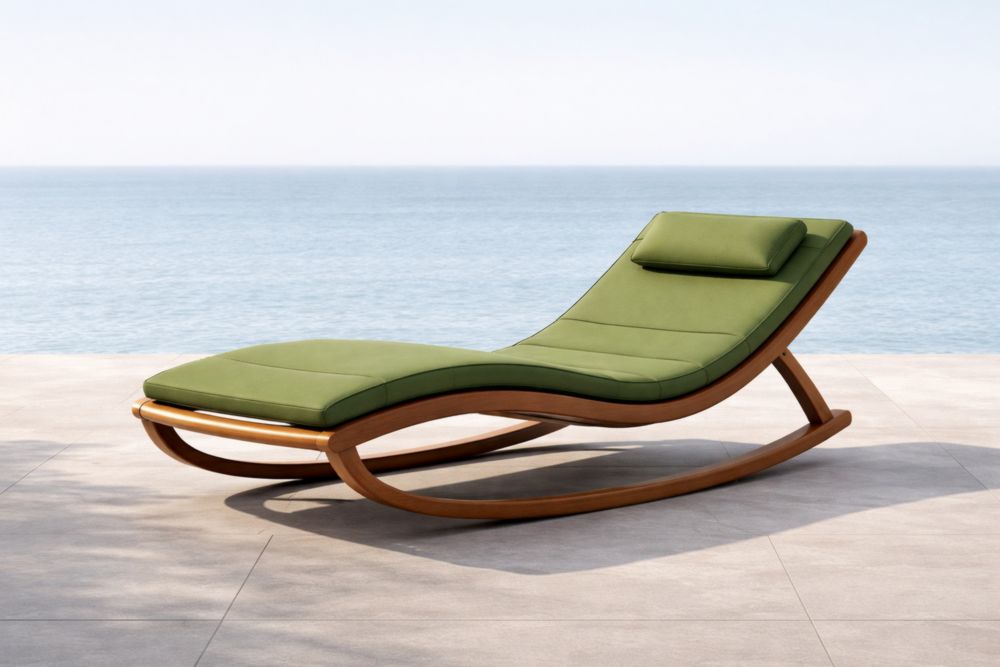 Chaise longue à bascule en bois avec coussins en tissu vert