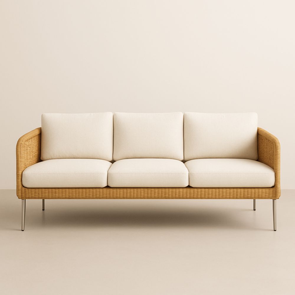Canapé trois places coussins beige rotin métal