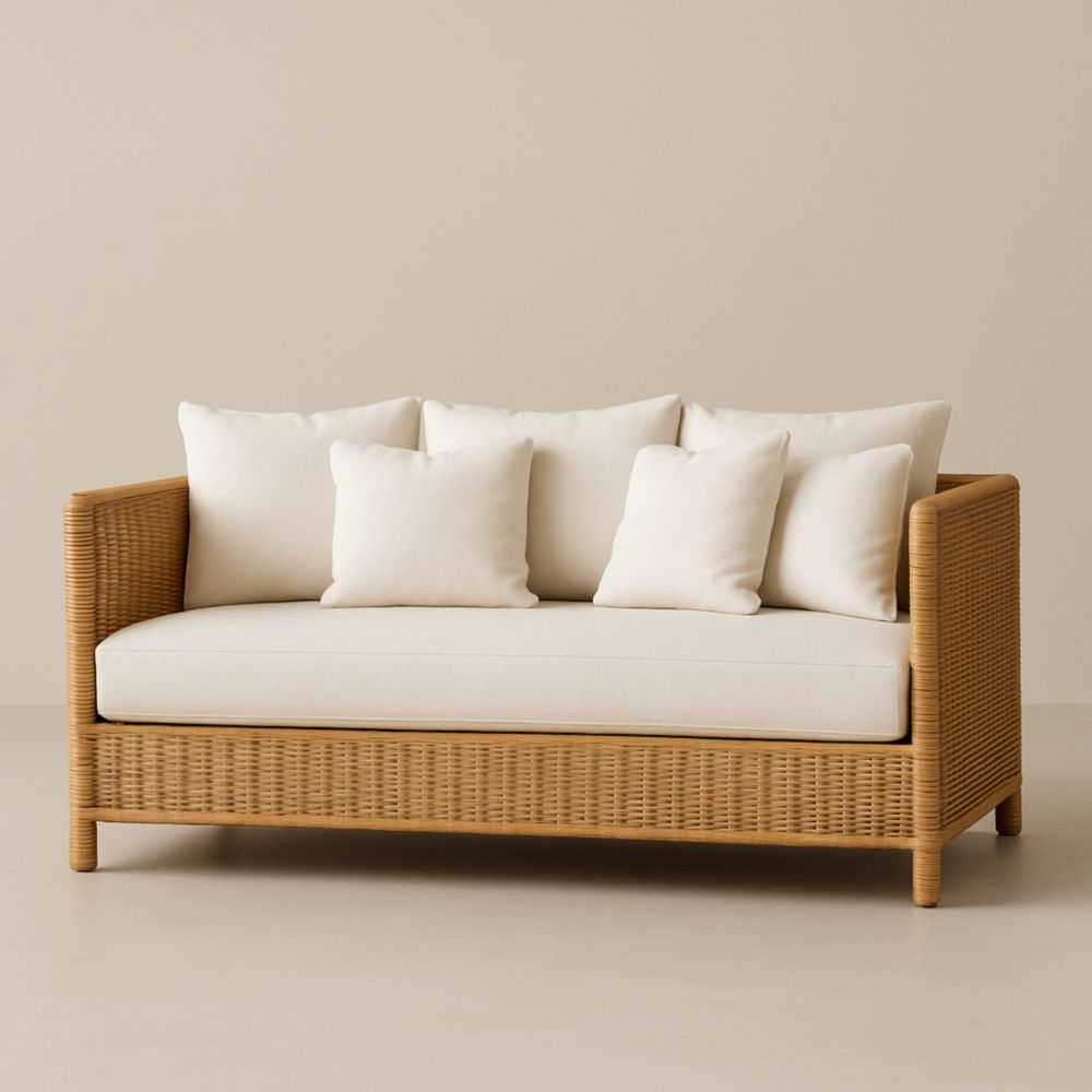 Canapé 2 places rotin naturel coussins tissu écru